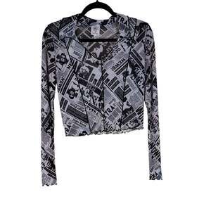Self Esteem Black White Mesh Newspaper Preppy Casual Chic Long Sleeve Crop Top